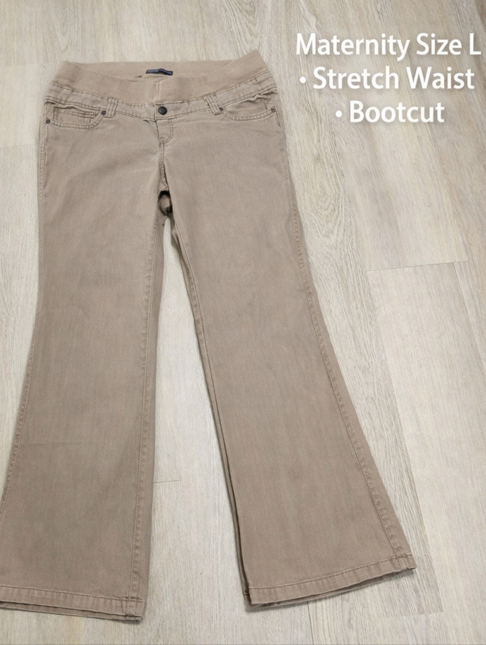 Thyme Maternity Bootcut Pants L Beige Khaki Stretch Cotton Pregnancy Work Casual